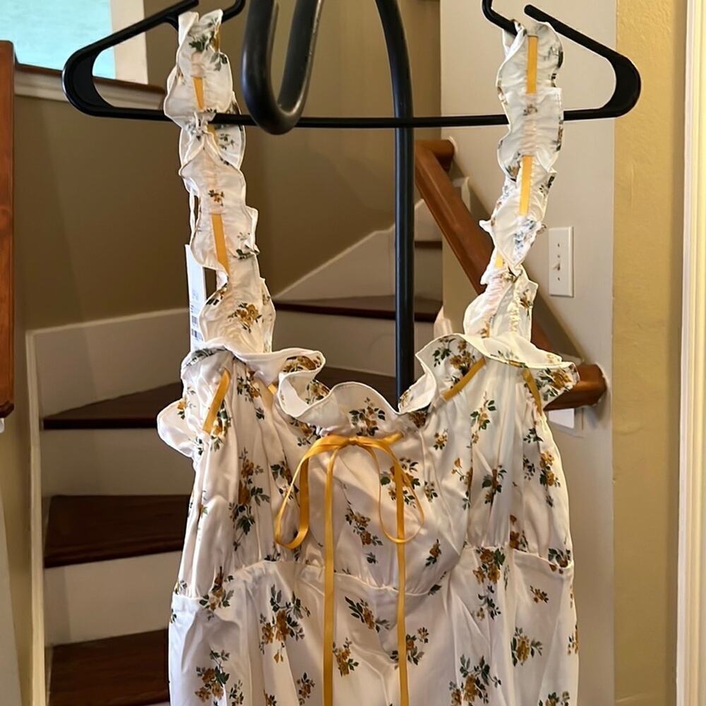 New Reformation Erdem Silk Floral Ruffled Dress Butter yellow - Picture 3 of 14